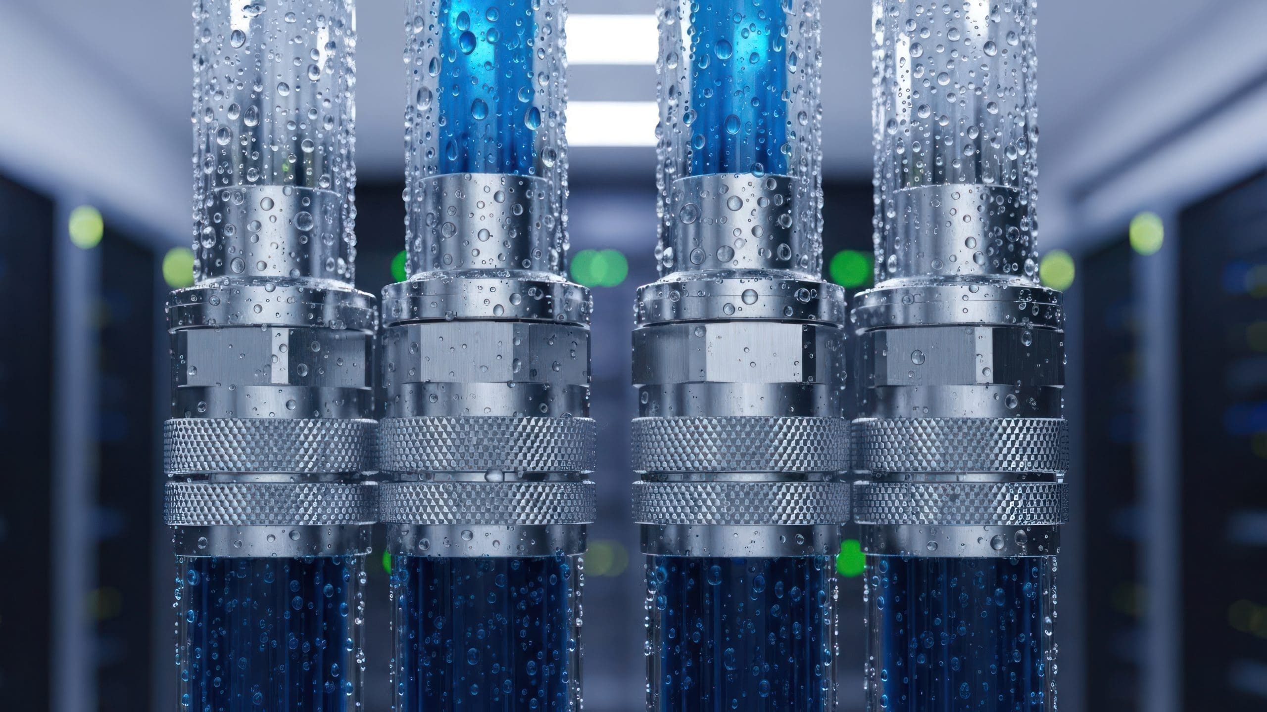 Close-up of four thick, metallic cables with blue cores, droplets, and a data center blurred