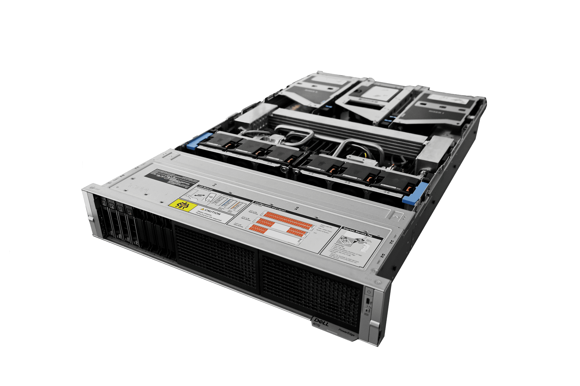 overhead view of Dell poweredge r760 with jetcool smartplate system liquid-assisted air cooling installed data center liquid cooling